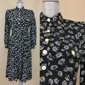 Vintage 70s Leslie Fay Black & White Floral Dress